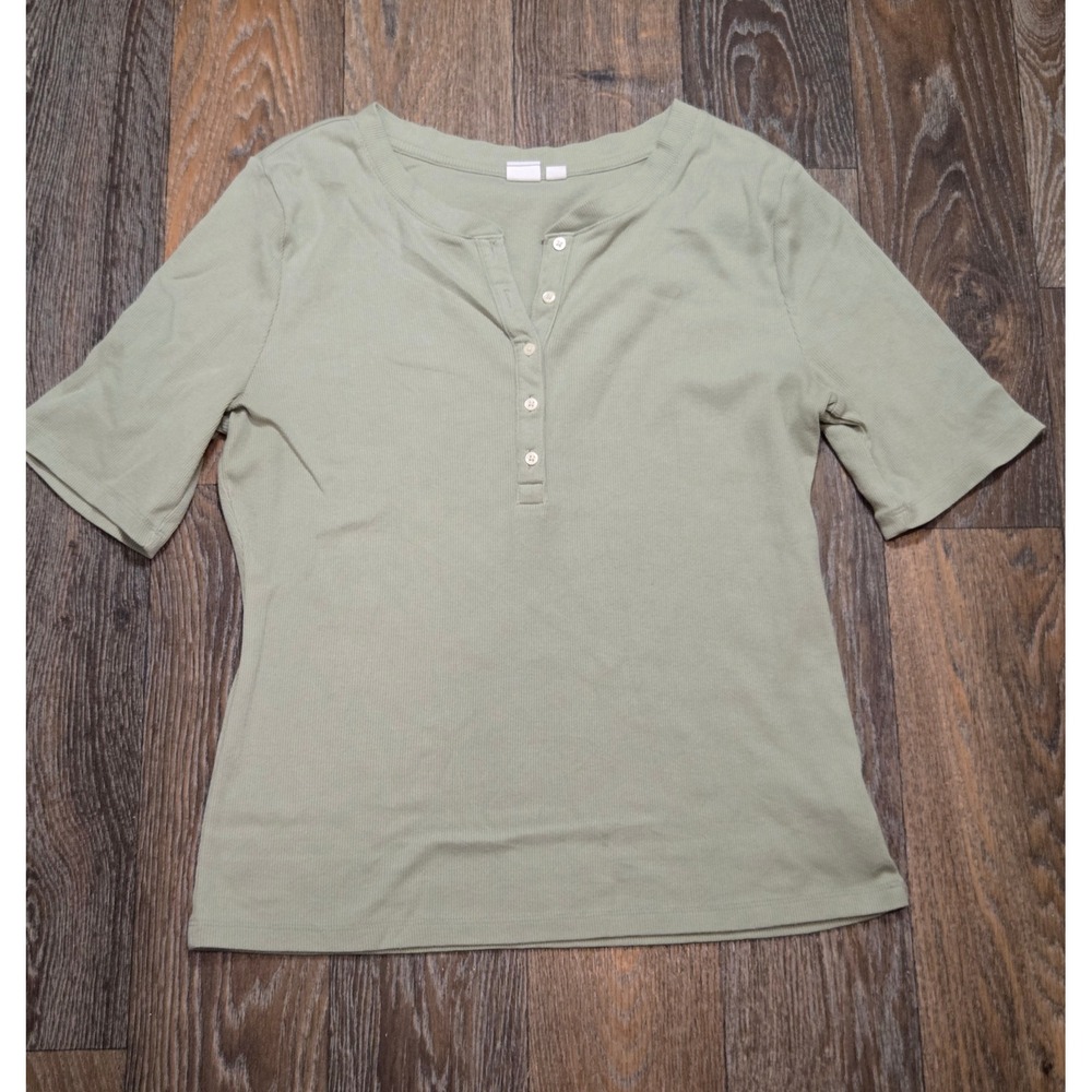 Gap Womens Large Ribbed Henley Top Sage Green Short Sleeve Button Neck Shirt